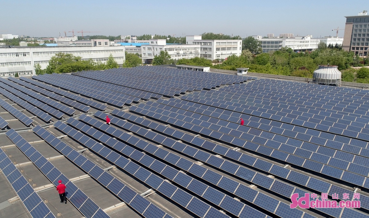 <br/>　　5月4日，技术人员在山东省青岛市即墨区一家企业的屋顶光伏发电项目巡检。(张进刚 摄)<br/>　　