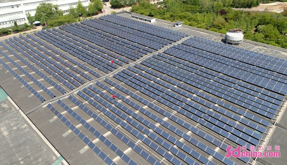 <br/>　　5月4日拍摄的山东省青岛市即墨区一家企业的屋顶光伏发电项目。(张进刚 摄)<br/>　　