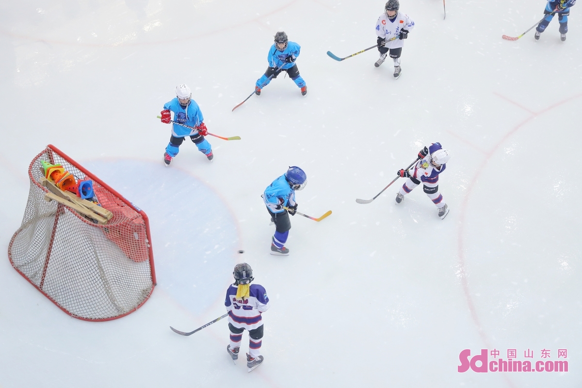 <br/>　　2022年8月8日，在山东省青岛西海岸新区一滑冰场，小队员们进行冰球友谊交流赛。(张鹰 摄)<br/>　　