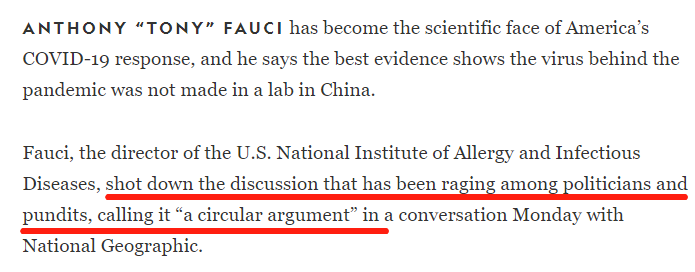 福奇接受美国《国家地理》专访 指责无依据的病毒起源争论是“循环论证”