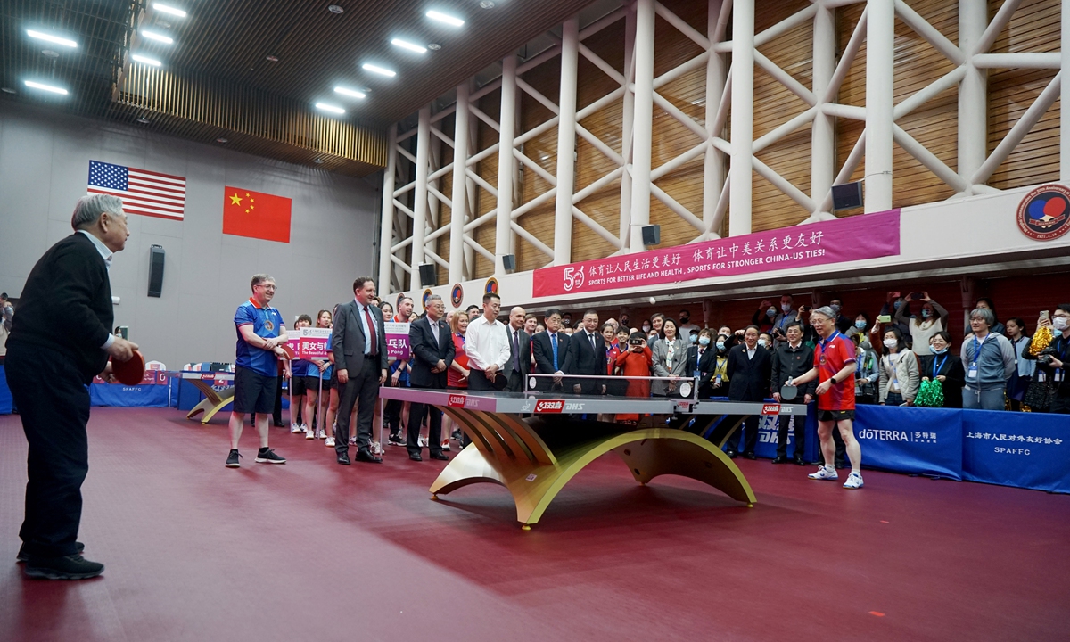 Xu Yinsheng (left), honorary president of the International Table Tennis Federation (ITTF), plays table tennis with Sha Hailin, chairman of the Shanghai People''s Association for Friendship with Foreign Countries, at the Champion Hall of the International Table Tennis Federation Museum and China Table Tennis Museum in Shanghai on Saturday, where the commemorative event took place. Photo: Chen Xia/GT